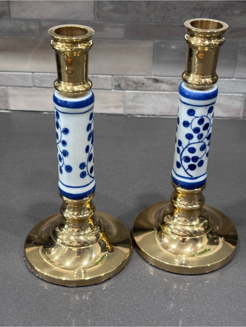 Blue and White Porcelain Brass Candlestick Pair